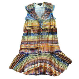Saloni Colorful Stripe Shift Dress Ruffle Lace Bold Sleeveless Size 4 Women's